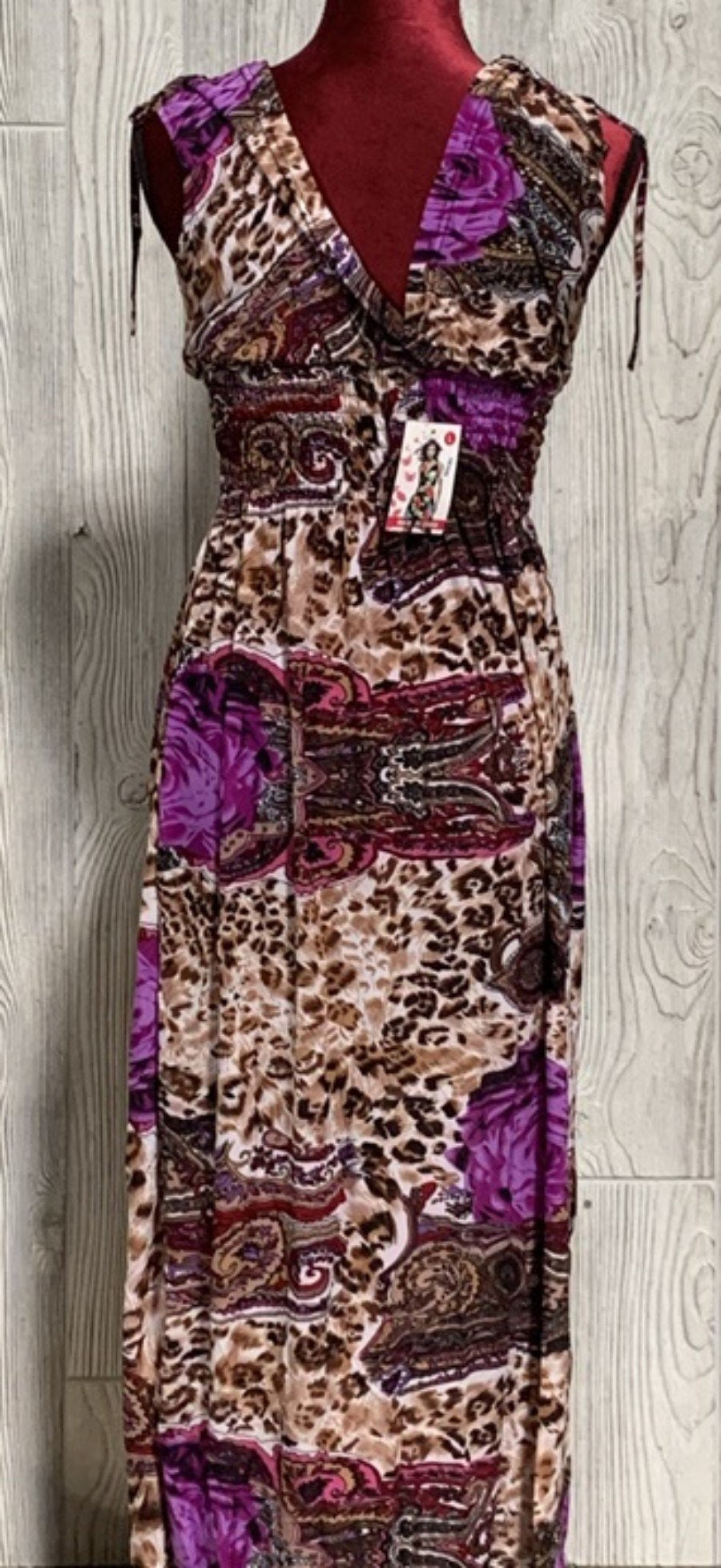 NWT V-Neck Wild Roses Cheetah Purple Rose Stretch Maxi Dress Sundress L #20