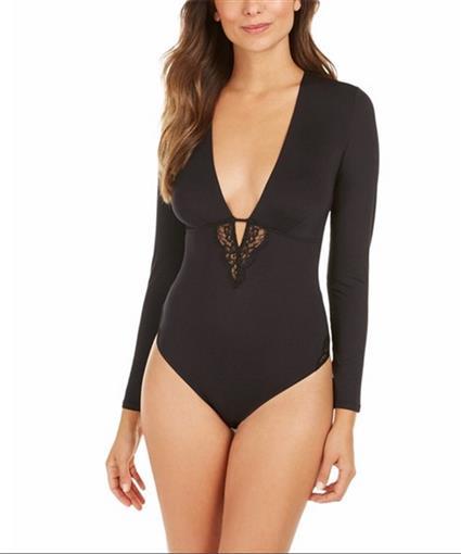 NWOT Inc Black Lace Keyhole Long Sleeve Bodysuit Thong Back X LARGE #83514