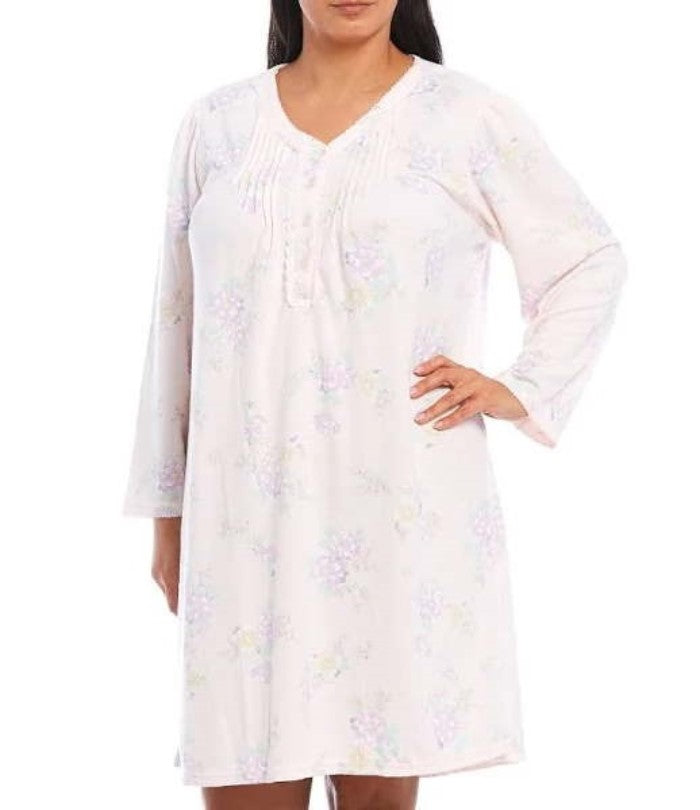 New Miss Elaine 2X Honeycomb Pointelle Cuddle Knit Nightgown Floral Peach #83895