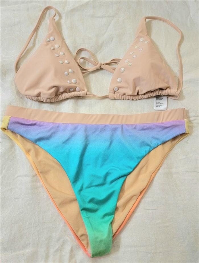 NWT Reef S/M High Waist Teen Spirit Peach Ombre Pearl Studded Bikini 2 Pc 94054