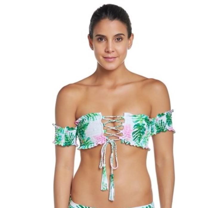 NWT Pilyq L Mingos Smocked Off Shoulder Top & String Bikini Flamingo 97798