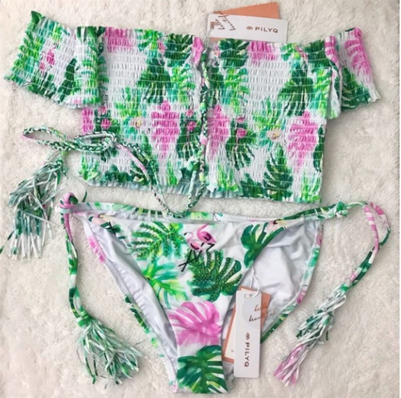 NWT Pilyq L Mingos Smocked Off Shoulder Top & String Bikini Flamingo 97798