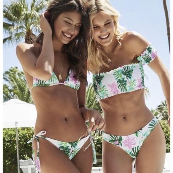 NWT Pilyq L Mingos Smocked Off Shoulder Top & String Bikini Flamingo 97798