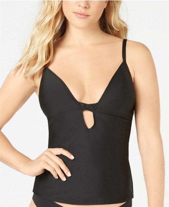 NWOT Bar iii SM BLACK Solid Plunging Molded Cup Tankini Swim Top 97894