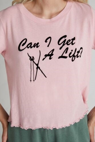 NWOT Wildfox LG Can I Get a Lift Ski T-Shirt Pink Lettuce Hem 97689