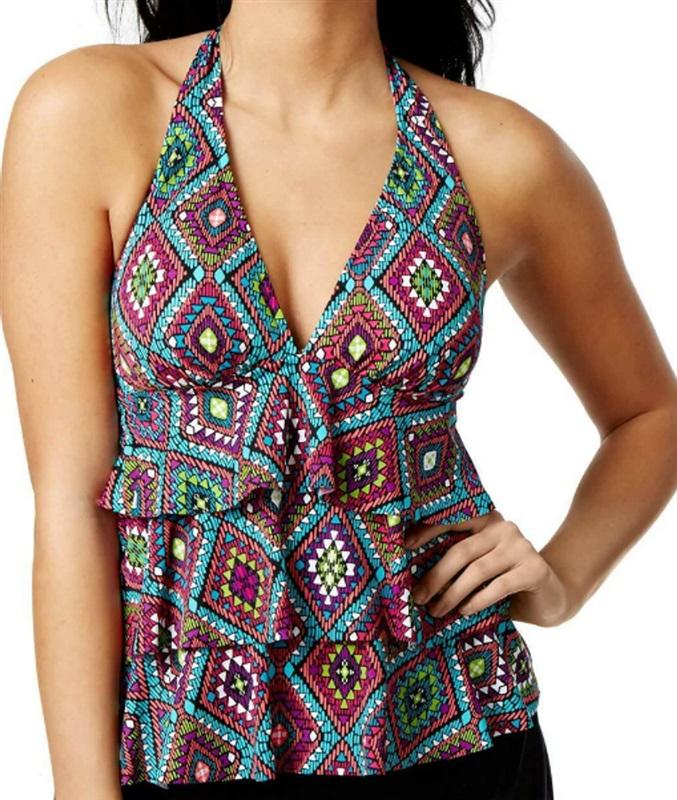 NWT Swim Solutions 10 Deep V Diamond Print Tankini Swimsuit 97695