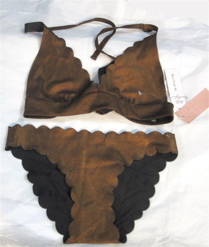 NWT Pilyq S Copper Reversible Seamless Wave Neck Halter Bikini Swim Set #98509