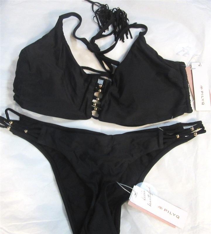 NWT Pilyq M Midnight Gold Strappy Braided Halter Top Bikini Swim Bottoms #98519