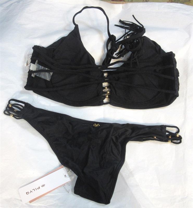 NWT Pilyq M Midnight Gold Strappy Braided Halter Top Bikini Swim Bottoms #98519