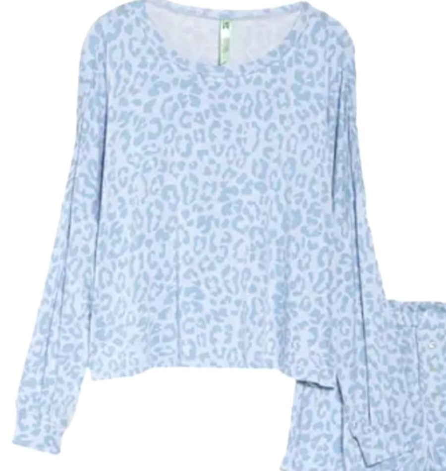 NWT HoneyDew L Cove Leopard Starlight French Terry Lounge Top Blue #98565