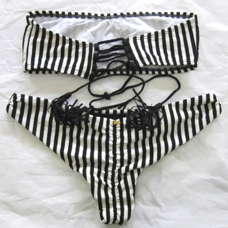 NWOT PilyQ S Bandeau Lace Tassel Bikini Top & Bottom Black White Stripe 98654