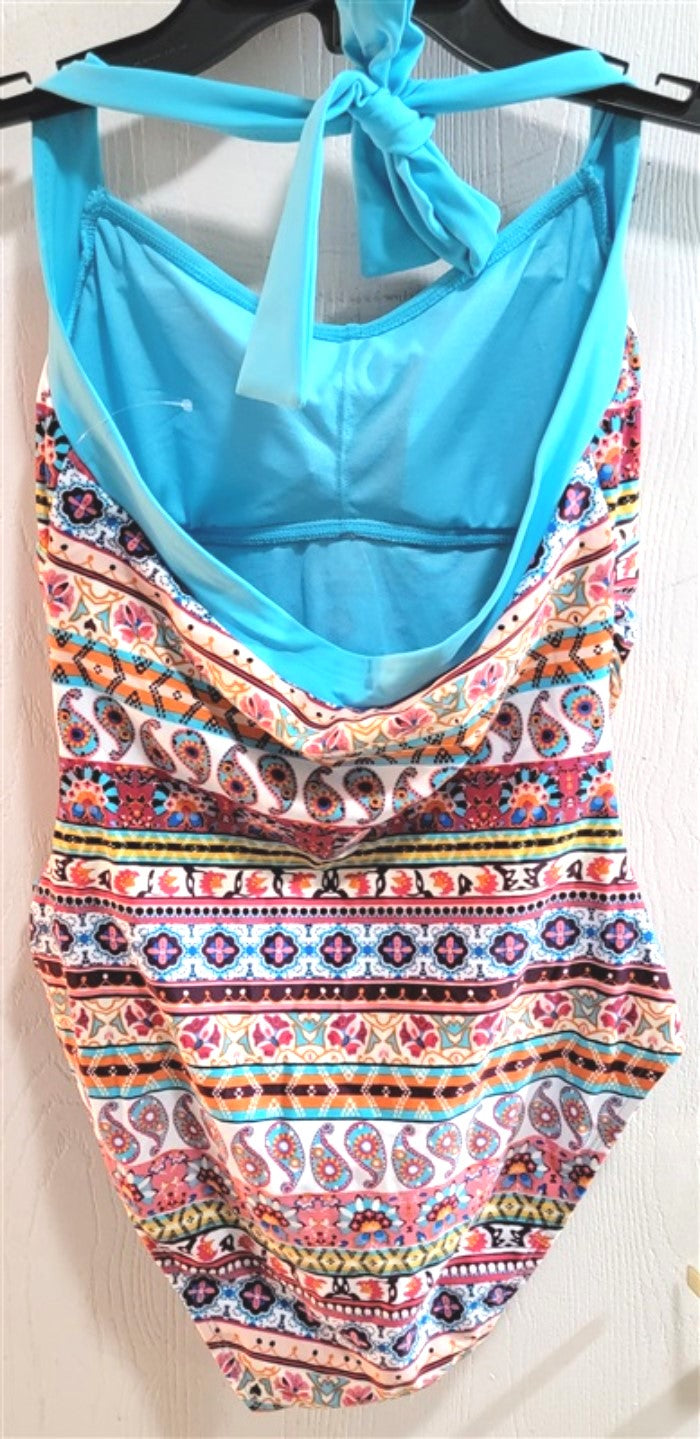 NWT Into the Bleu 8 Halter Top One Piece Swimsuit Aqua & Orange Paisley #98671