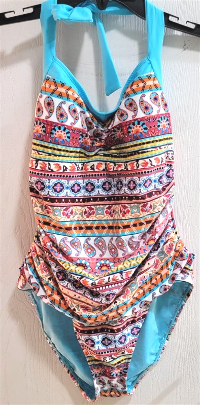 NWT Into the Bleu 8 Halter Top One Piece Swimsuit Aqua & Orange Paisley #98671