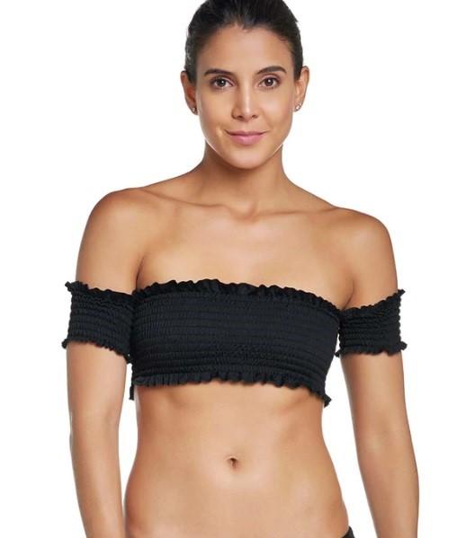 NWT Pilyq S Midnight Gold Black Smocked Shoulder Bikini Top Teeny Bottom 98821