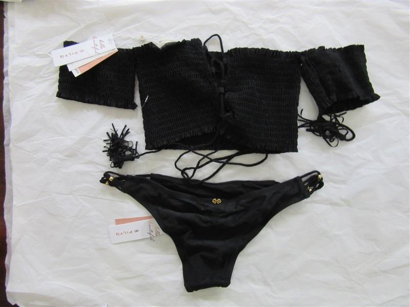 NWT Pilyq S Midnight Gold Black Smocked Shoulder Bikini Top Teeny Bottom 98821