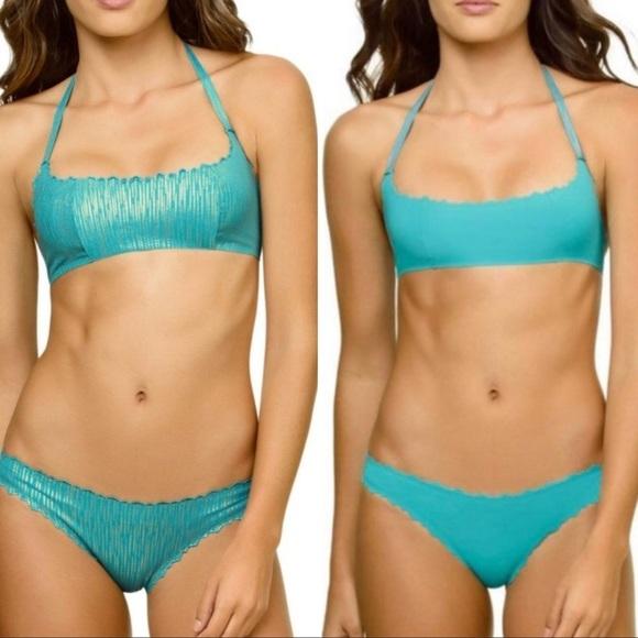 NWOT Pilyq Sea Shine S Blue Halter Reversible Cheeky Bikini Swim Set #98846