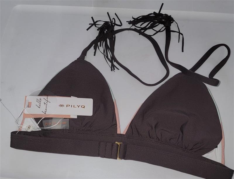 NWT PIlyq Color Block M Triangle Halter Bikini Swim Top Pink Green #99079