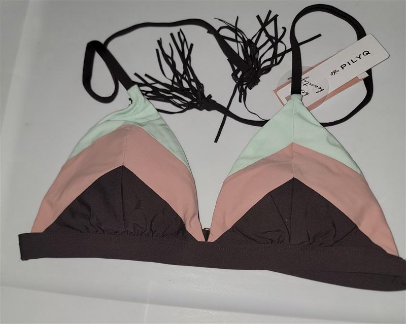 NWT PIlyq Color Block M Triangle Halter Bikini Swim Top Pink Green #99079