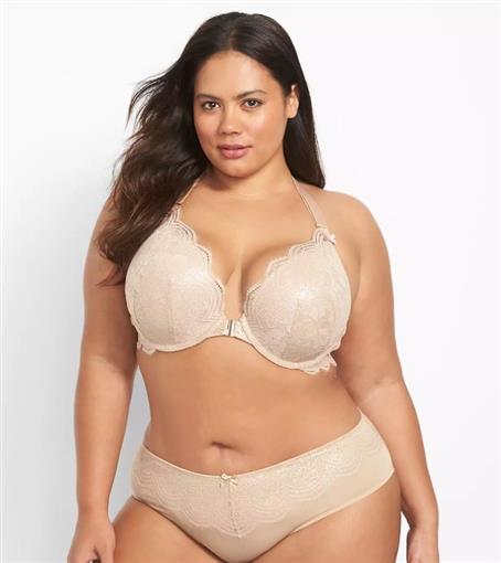 NWT Cacique 34G Front-Close Foiled Lace Boost Plunge Bra 2480 Beige #99345