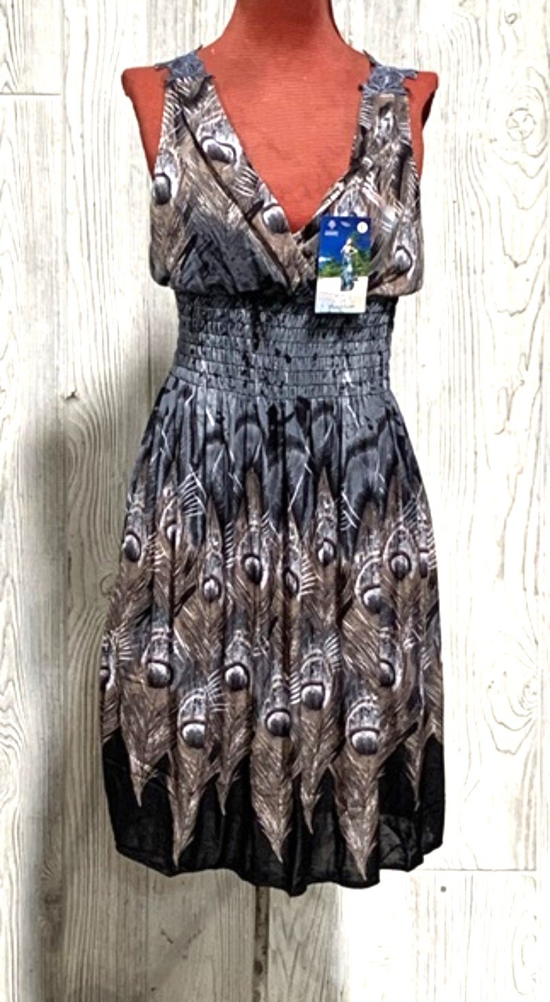 NWT Sibeijiao Reversible Lace Gray Black Sundress Peacock Print XL