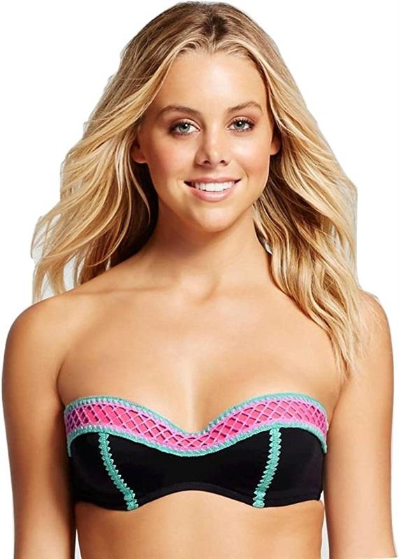 NWOT Shade & Shore Vacay Bandeau Strapless 34B Black Multi Netted Swim Top 87828