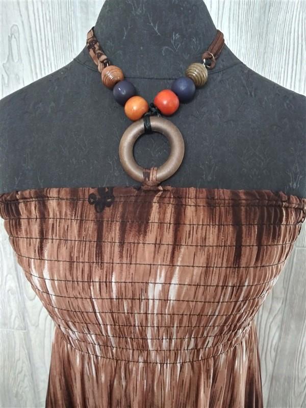 NWT Batik Tie Dye Gathered Bust Beaded Halter XL Brown Sundress Maxi Dress #21