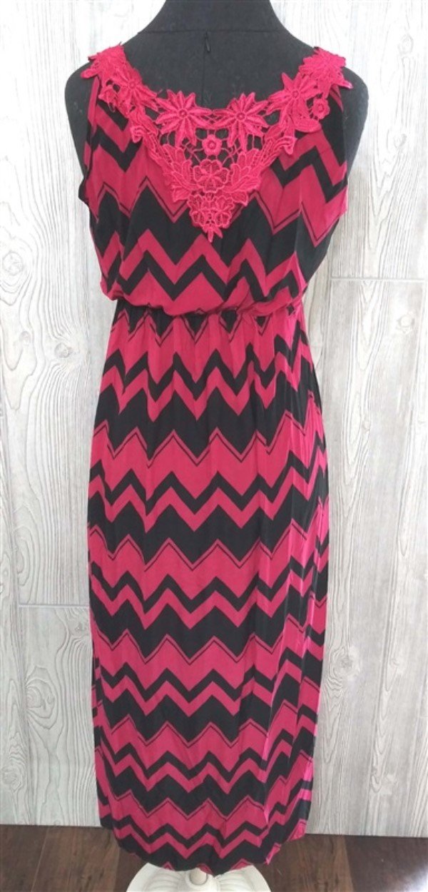 NWT V-Neck Lace Back Chevron Stretch Sundress Maxi Dress XL Hot Pink & Black #21