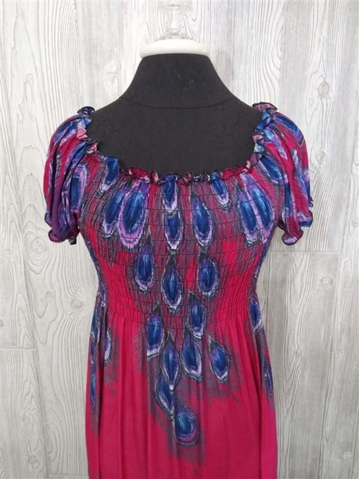 NWT Hot Pink Peacock Feather Gathered Bust Maxi Dress Stretch Sundress M #12