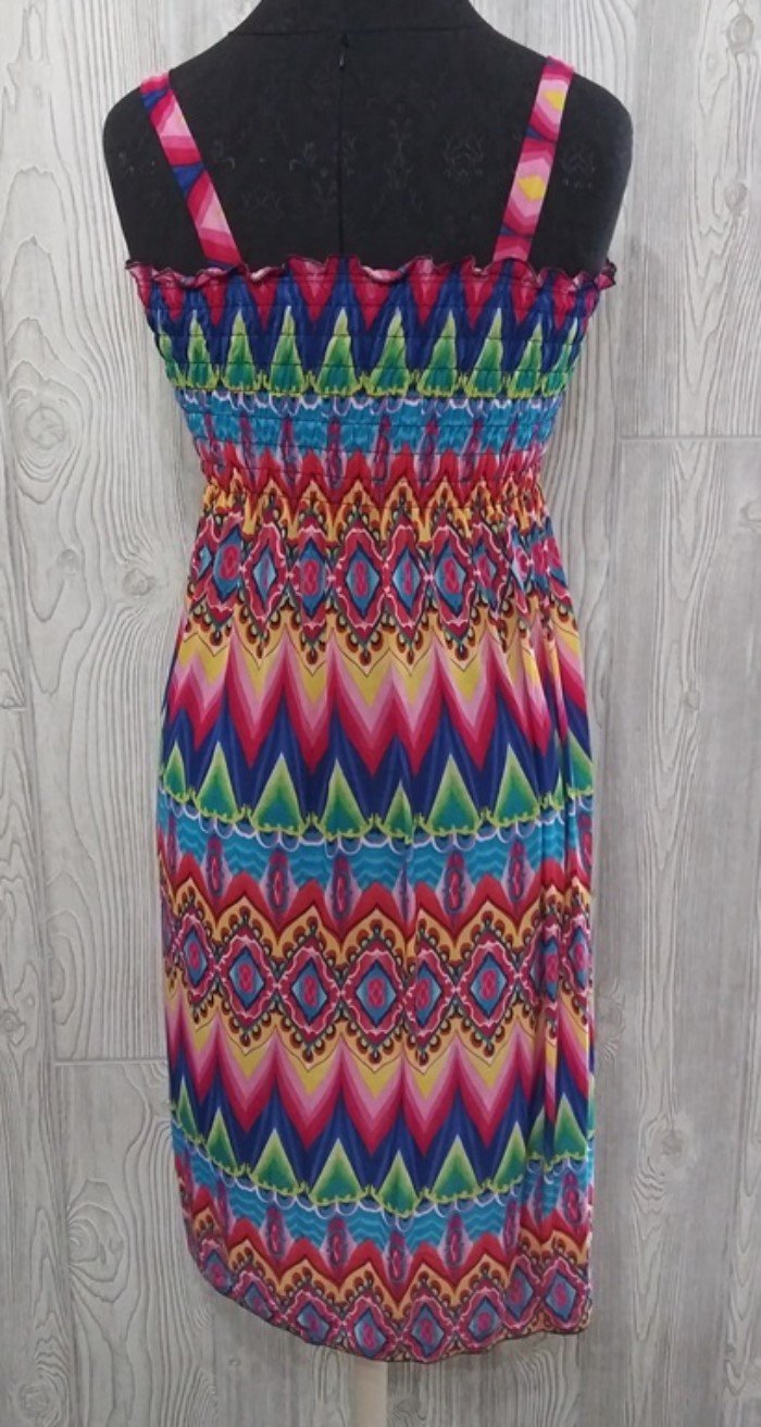 NWT Ikat Style Diamond Print Blue Pink Green Stretch Sundress Midi Dress XL 06