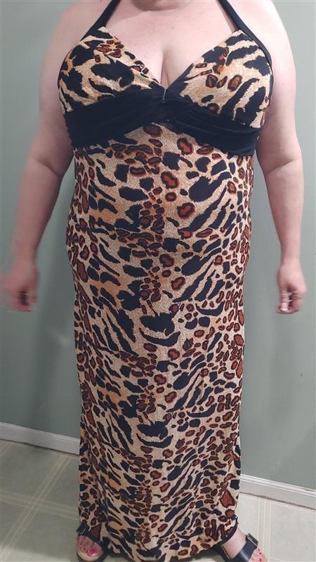 NWT Wild Leopard Print Deep V-Neck Halter Sundress Stretch Maxi Dress XL #23
