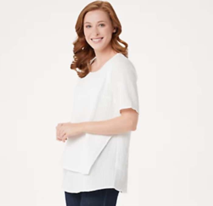 New Joan Rivers Crinkle Texture Short Sleeve Hem Detail Top 1X White #82891