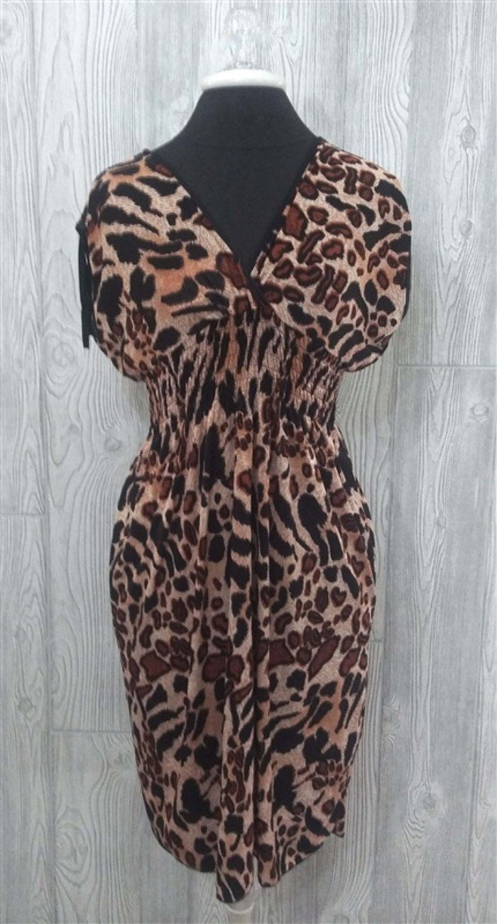 NWT V-Neck Jungle Prowl Leopard Print Stretch Sundress Midi Dress L #07