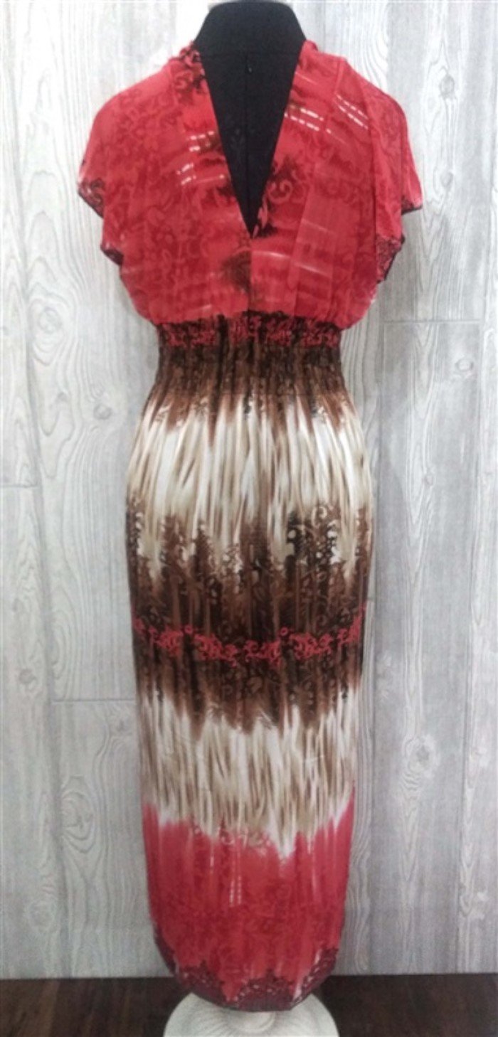 NWT V-Neck Tahitian Lace Sunset Print Stretch Sundress Maxi Dress M Melon 03