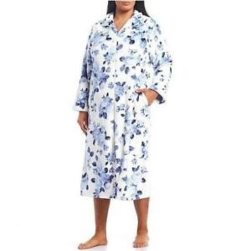 NEW Miss Elaine Plush Fleece Long Zip Front Robe MD Blue & White Floral #85981