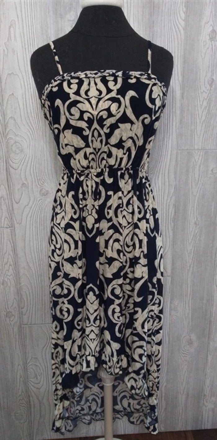 NWT Fleur De Lis Scrolling Stretch Sundress Midi High-Low Dress XXL Navy Blue 21