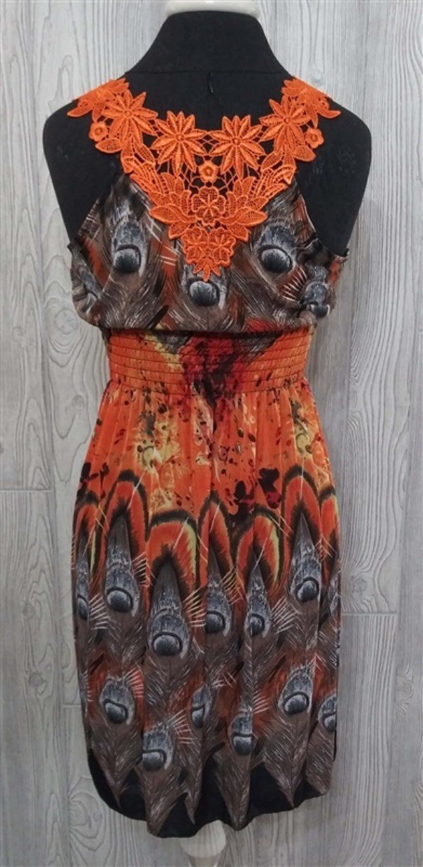 NWT V-Neck Sunset Orange Lace & Peacock Print Stretch Sundress Midi Dress XL 05