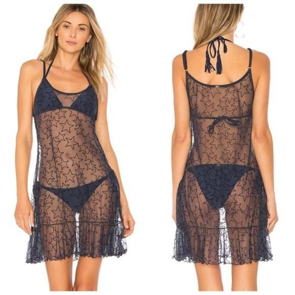 NWT Pilyq M/L Blue Sheer Stars Starlight Dress Swimsuit Cover UP 92315
