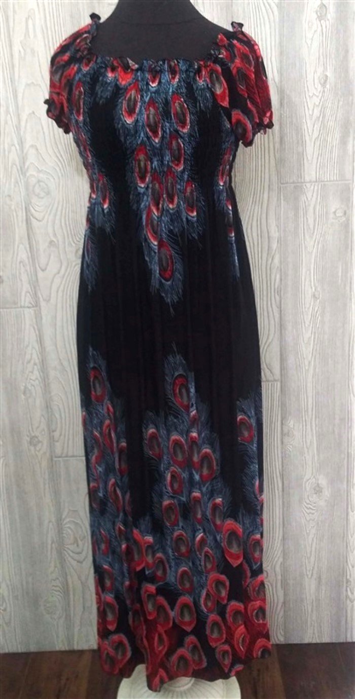 NWT Red & Black Peacock Feather Gathered Bust Maxi Dress Stretch Sundress M #23