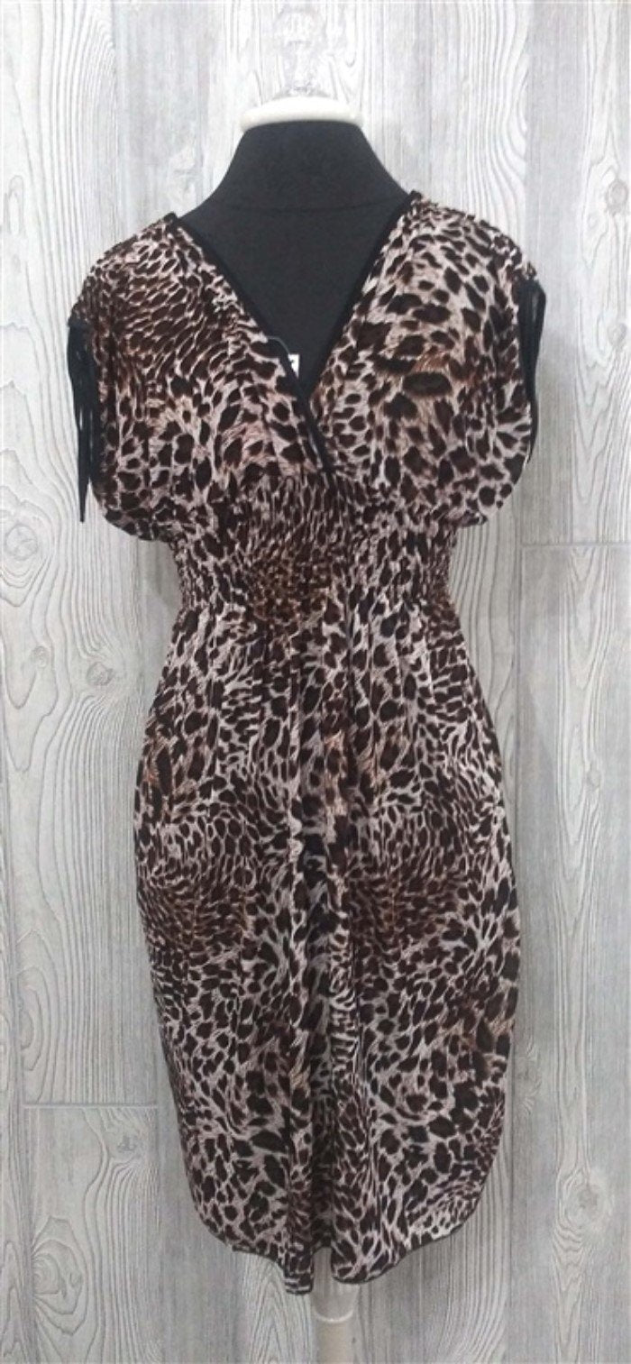 NWT V-Neck Savanna Prowl Cheetah Print Stretch Sundress Midi Dress L #07