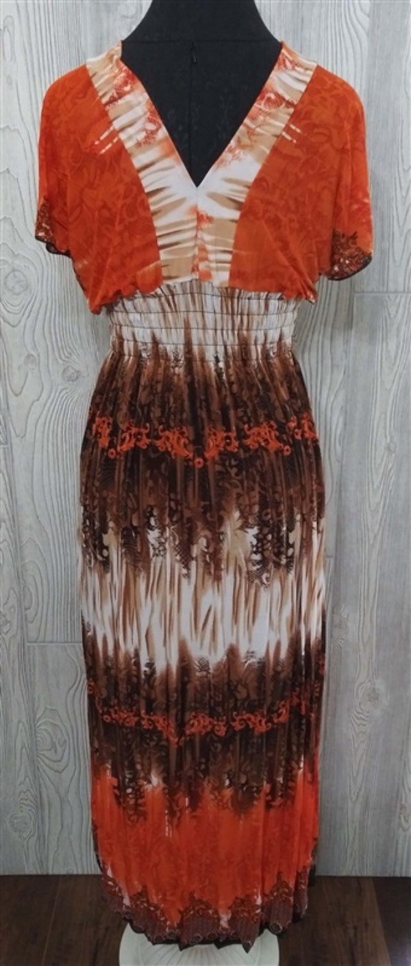 NWT V-Neck Tahitian Lace Sunset Orange Print Stretch Sundress Maxi Dress L 06