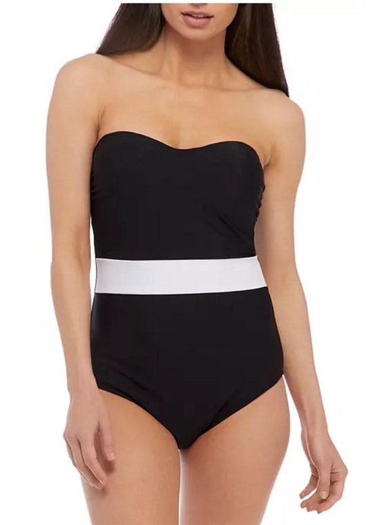 NWt Crown & Ivy M Strapless Color Blocked 1PC Swimsuit White Black 100050