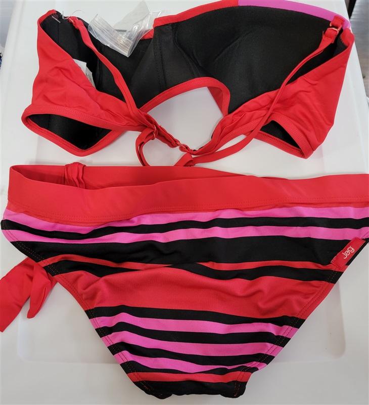 NWOT Jag Red Stripe Bandeau Bikini L Top S Bottom Swimsuit #100057