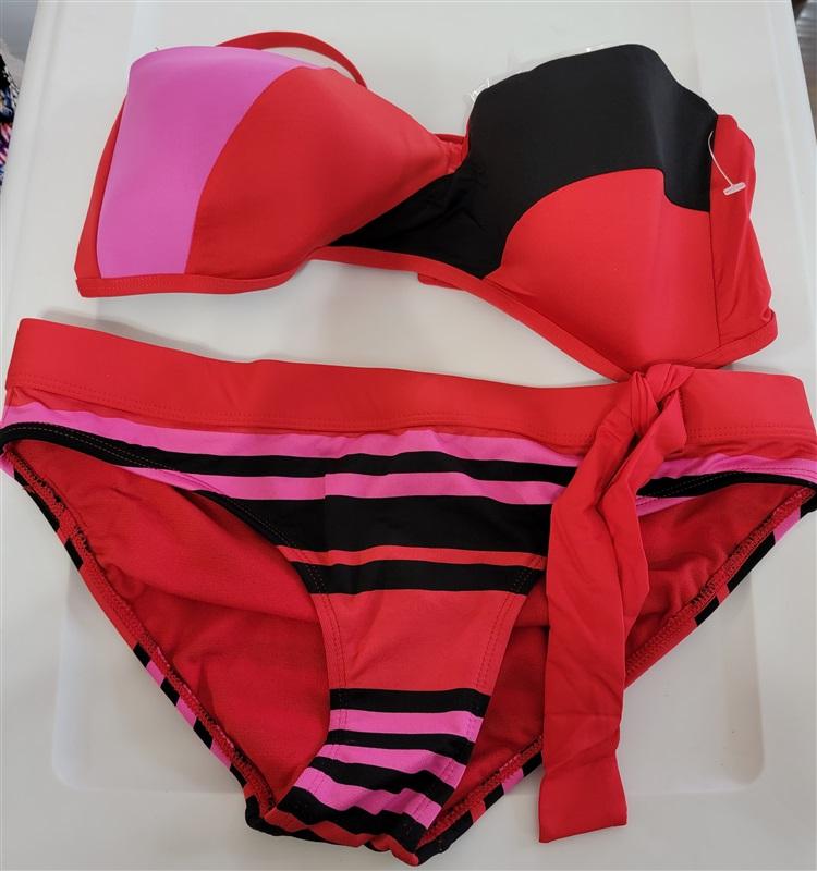 NWOT Jag Red Stripe Bandeau Bikini L Top S Bottom Swimsuit #100057