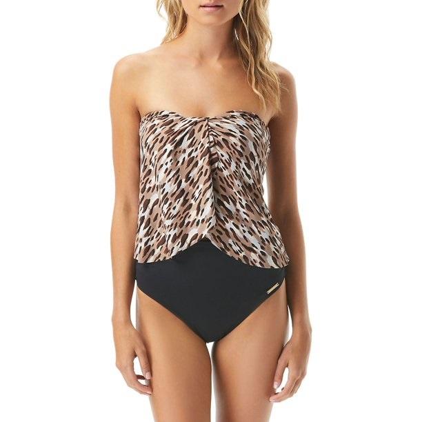 NWT Vince Camuto Leopard Draped XS Animal Print Bandeau Tankini Swim Top #100253