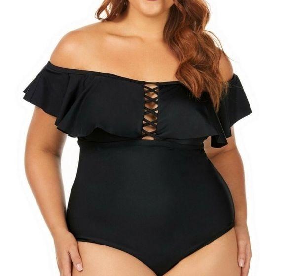 NWT Raisins Canaria 18W Black Flounced Strapless One-Piece Swimsuit #100451