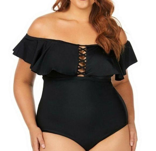NWT Raisins Canaria 18W Black Flounced Strapless One-Piece Swimsuit #100451