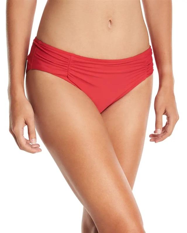 NWT Athena Solid Red SZ 16 Shirred Side-Tab Hipster Bikini Swim Bottom #100524