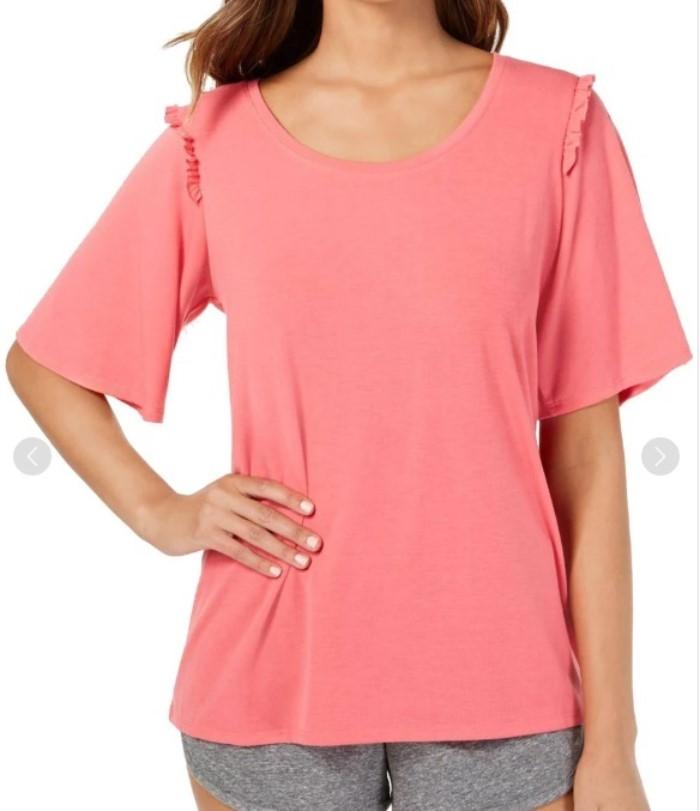 New Hue 1X Plus Size Bell Ruffled Sleeve Lounge Top T-Shirt Bright Pink #102807