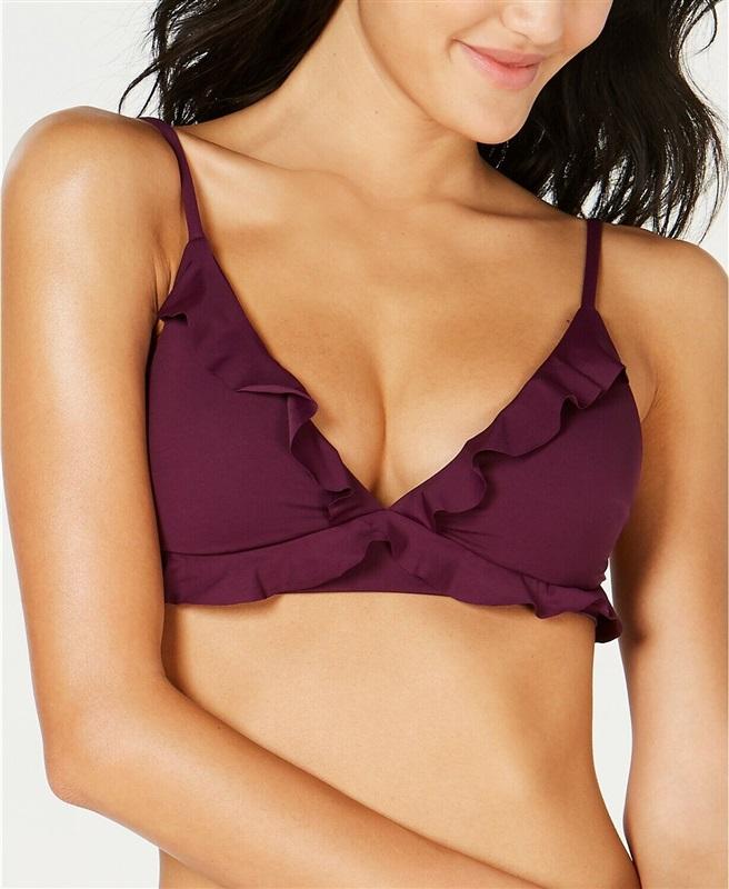 NWT Becca Socialite M Burgundy Ruffled V-Neck Bikini Swim Top #102951
