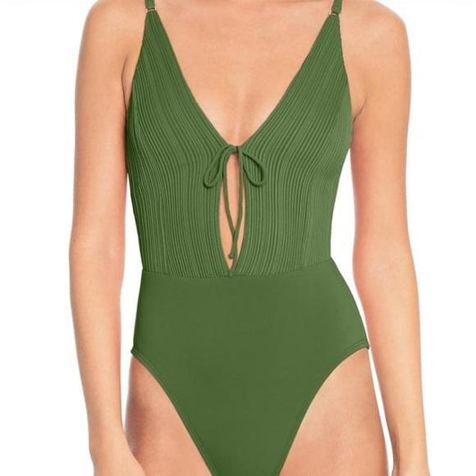 NWT Robin Piccone Lily SZ 8 Solid Green Ribbed One-Piece Swimsuit #103005